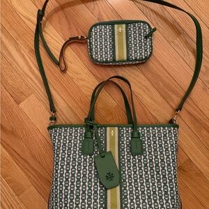 Tory Burch Green and White Patterned Tote